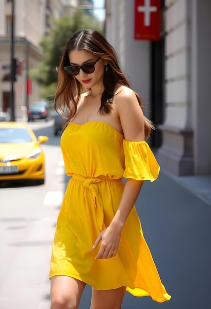 Outdoor portrait of young beautiful lady walking on the street Model wearing sunglasses amp stylish