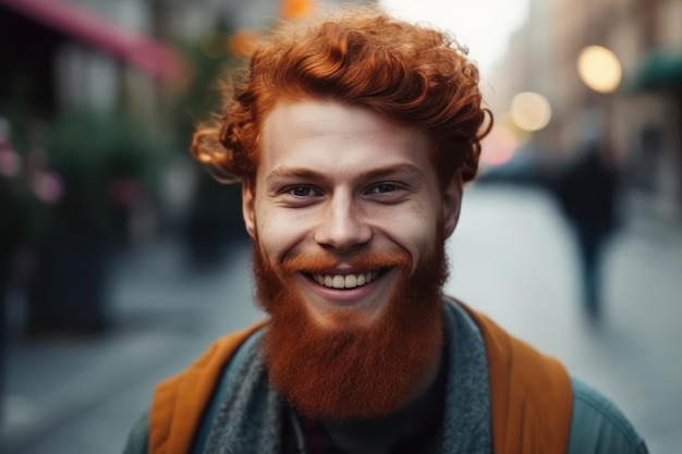 Outdoor portrait of young handsome smiling ginger man with beard