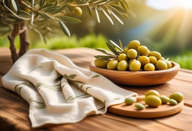 An outdoor scene with a wooden table olive tree plant and cloth draped over it