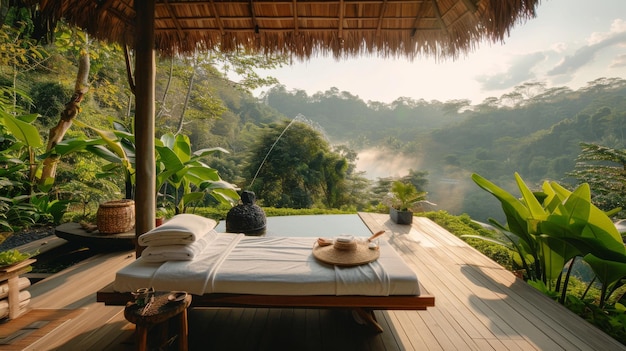 Photo an outdoor setting where a man receives a massage on a deck overlooking a tranquil forest