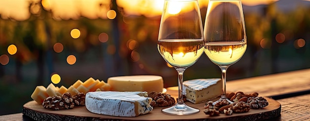 Photo outdoor setting with white wine cheese and nuts on a wooden plate