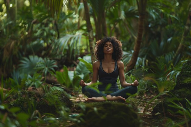 An outdoor shot of the girl practicing yoga in a serene natural setting with lush greener