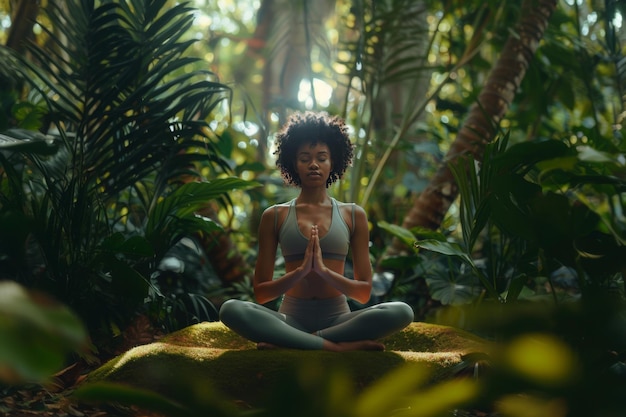 An outdoor shot of the girl practicing yoga in a serene natural setting with lush greener