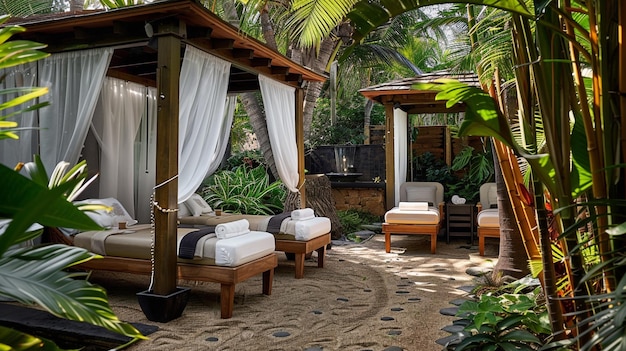 Photo outdoor spa area features luxurious cabanas and massage tables surrounded by tropical plants