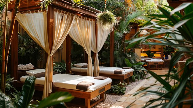 Photo outdoor spa area featuring cabanas and massage tables