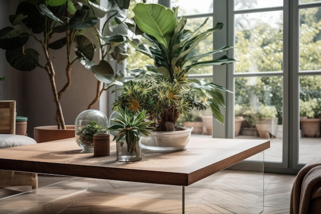 The outdoor space and coffee table are decorated with small plants