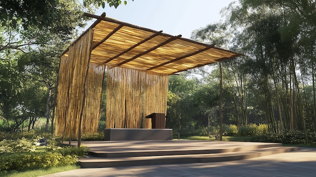 Photo outdoor stage crafted from bamboo and wood in a lush garden setting under daylight