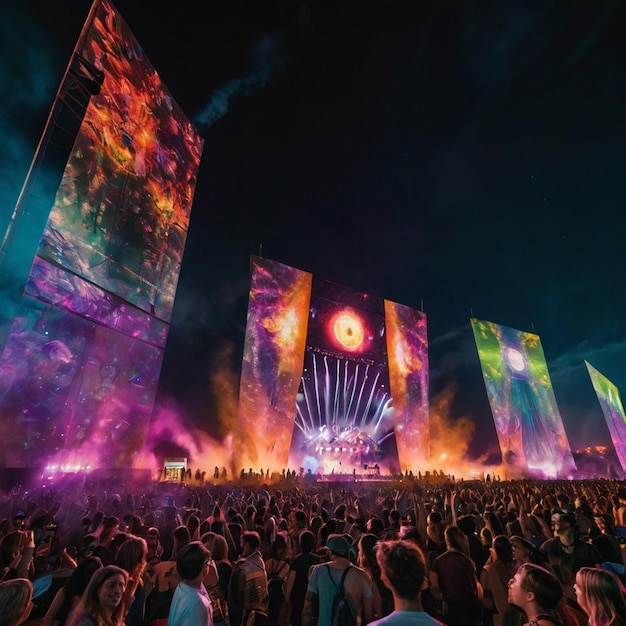 Photo outdoor summer music festival diverse crowd 2024 summer music trends colorful lighting