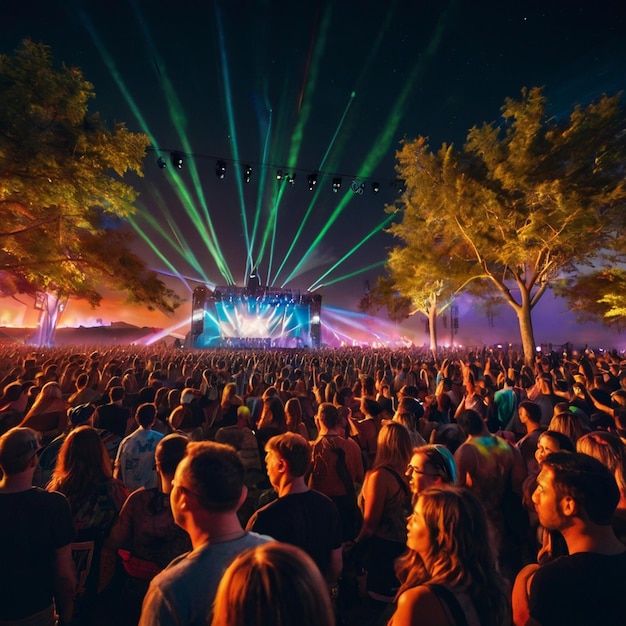 Photo outdoor summer music festival diverse crowd 2024 summer music trends colorful lighting