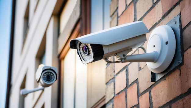 Outdoor surveillance camera mounted on a brick wall for security purposes