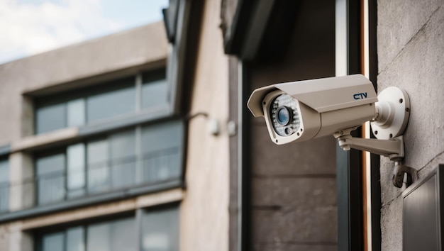 Outdoor surveillance camera mounted on a brick wall for security purposes