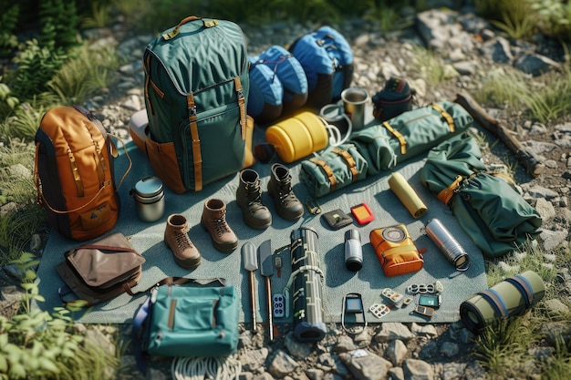 Photo outdoor travel equipment planning for a mountain trekking camping trip