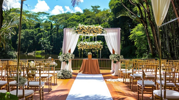 Outdoor venue for wedding ceremonies with a picturesque wedding altar and colorful landscape Marriage no one path romance nature Concept of starting a life together Generative by AI