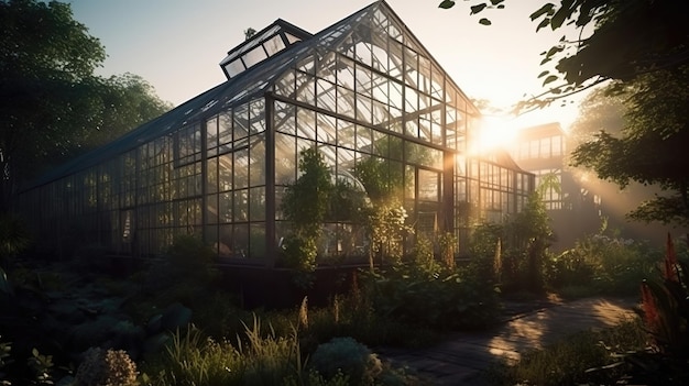 Outdoor view on glass greenhouse with an abundance of diverse plants neural