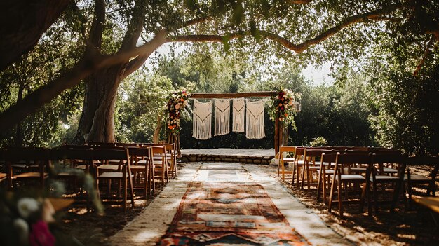 Photo outdoor wedding ceremony setup with a wooden arch decorated with flowers and macrame hangings a rug on the aisle and rows of chairs