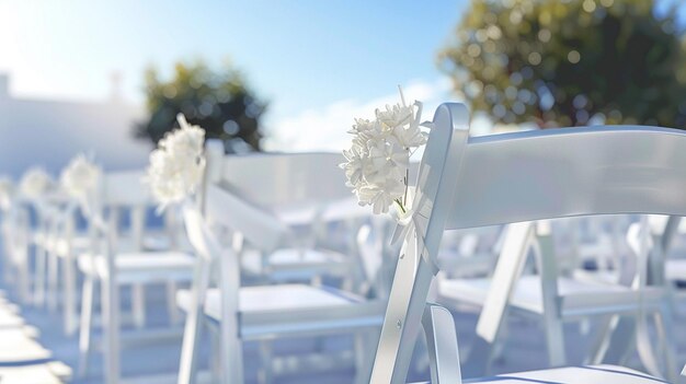 Photo outdoor wedding ceremony with elegant white chairs and floral decor