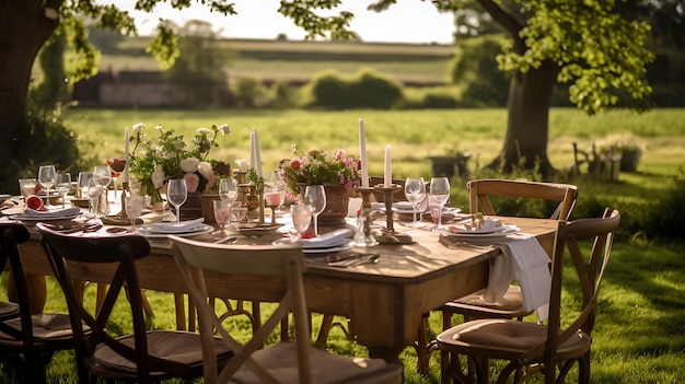 Outdoor wedding reception tables set with flowers and chairs with trees