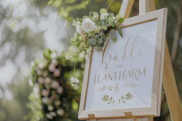 Photo outdoor wedding whiteboard with welcome sign and seating chart mockup