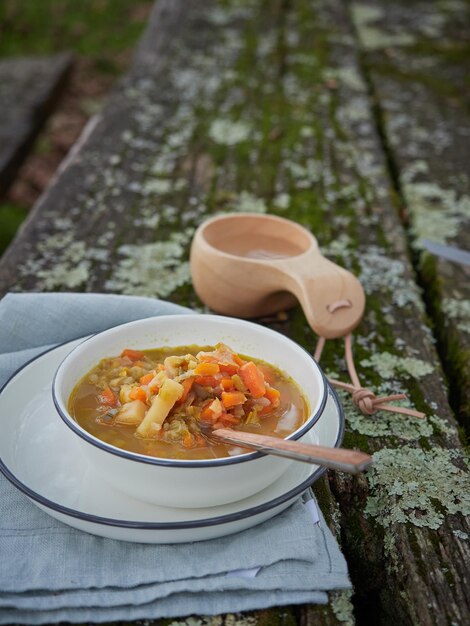 Outdoor winter hot meal plate of vegetable soup with carrot and potato on a picnic table