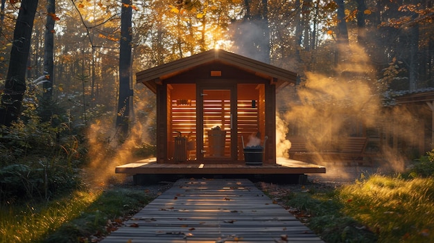 Outdoor wooden sauna house among forest trees steam rising Wellness biohacking healthy lifestyle