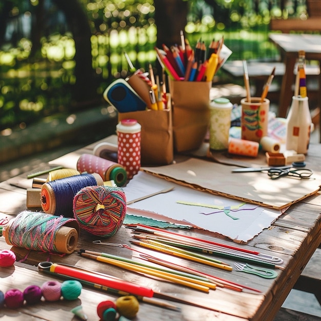 Photo outdoor wooden table showcasing an array of craft supplies perfect for creative projects