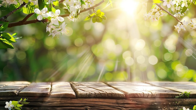 Outdoor wooden table with a floral blooms