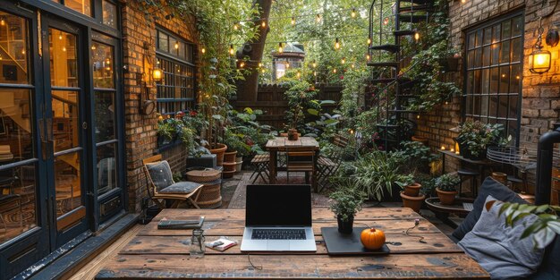 Photo outdoor workspace surrounded by greenery and natural light ideal for productivity and creativity