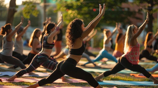 Outdoor yoga festival participants in synchronized poses