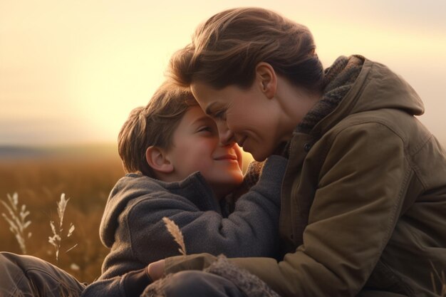 Outdoors a mother and son express their love