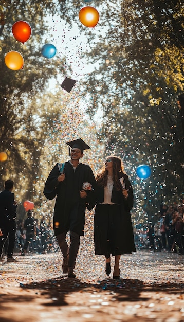 Photo outdoors shot of students and parents celebrating graduation day with balloons and confetti