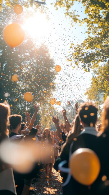 Photo outdoors shot of students and parents celebrating graduation day with balloons and confetti