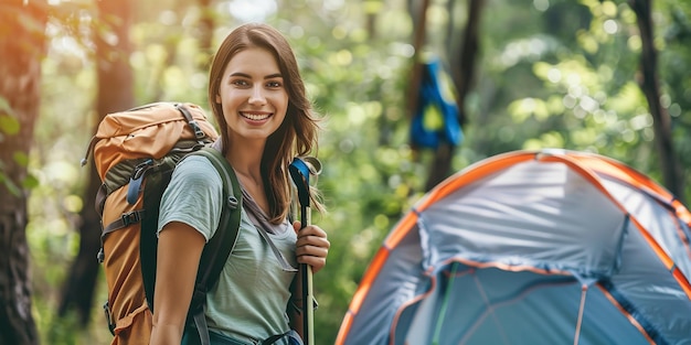 Photo in the outdoors a young woman trekking and camping generative ai