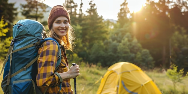 Photo in the outdoors a young woman trekking and camping generative ai