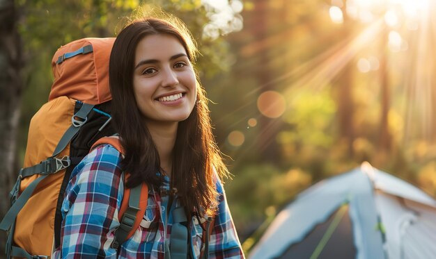 Photo in the outdoors a young woman trekking and camping generative ai