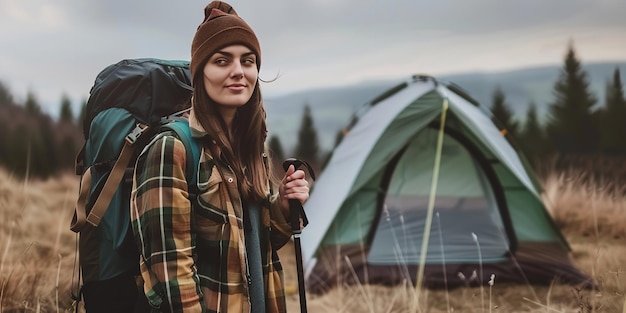 Photo in the outdoors a young woman trekking and camping generative ai