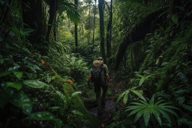 Outdoorsman trekking through jungle surrounded by lush greenery created with generative ai