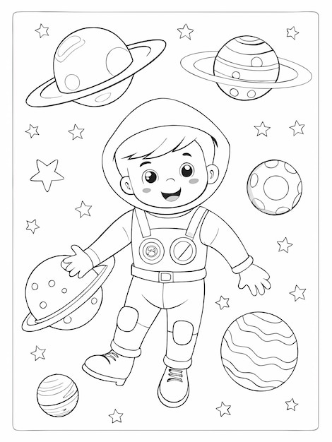 Outer Space Adventure Coloring Page for Kids on Transparent Background