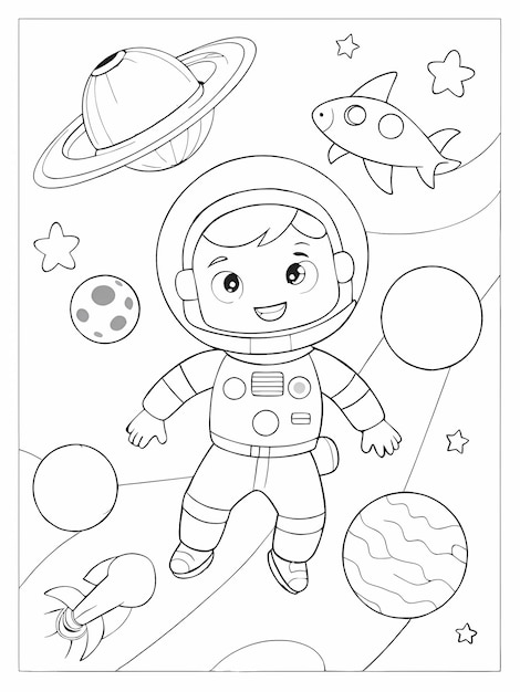 Photo outer space adventure coloring page for kids on transparent background