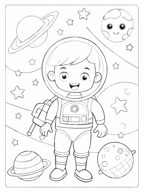 Outer Space Adventure Coloring Page for Kids on Transparent Background