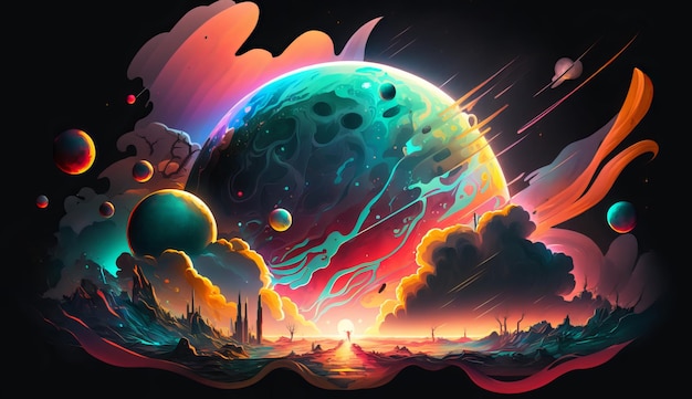 Outer space illustration with neon glow and vivid