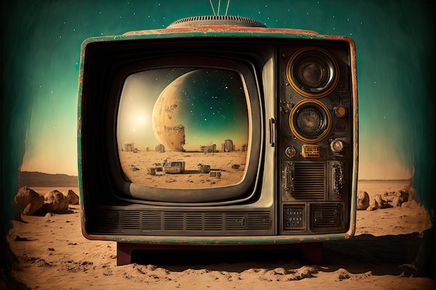 Outer space with planets and stars inside old tv set created with generative ai