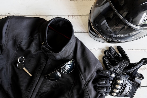 Outfit of Biker and accessories with copy space