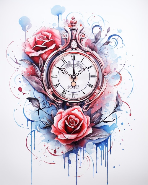 Outline of a Clock with a Rose