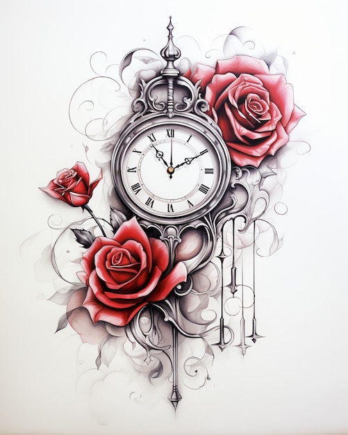 Outline of a Clock with a Rose