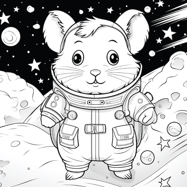 outline of a cute hamster wearing astronaut costume in space