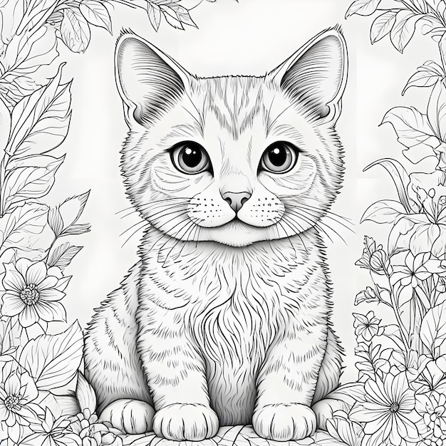 a outline drawing of a cat with a big eyes and a big nose is drawn in black and white