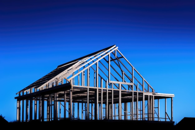 The outline of a house silhouetted against a clear blue sky The skeletal structure of a cozy cottage