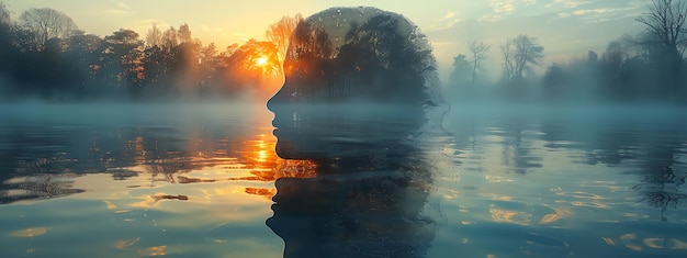 Photo outline of a human head containing a serene landscape background symbolizing the concept of inner