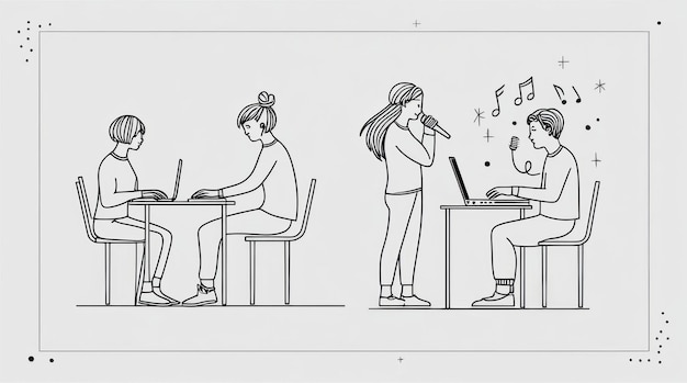 Photo outline illustrations of workers and workspaces in line art