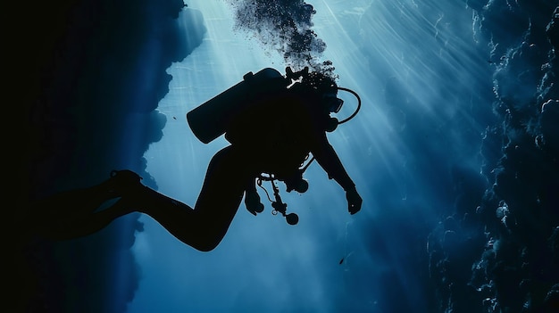 Outline of young man scuba diver depth showcasing diver outline against backdrop of deepsea